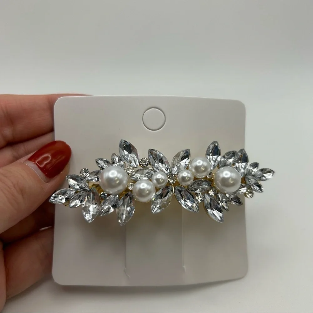 Faux Pearl Golden Hair Barrette Statement Silver Tone Leaves Natural Textured